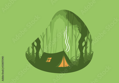 Colorful flat illustration of camping in the jungle