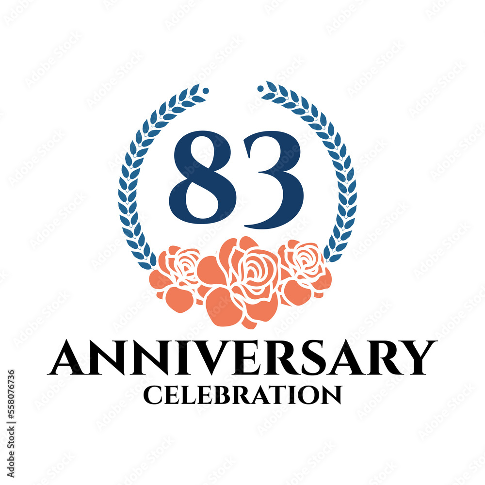 83rd anniversary logo with rose and laurel wreath, vector template for birthday celebration. 83rd anniversary logo with rose and laurel wreath, vector template for birthday celebration.