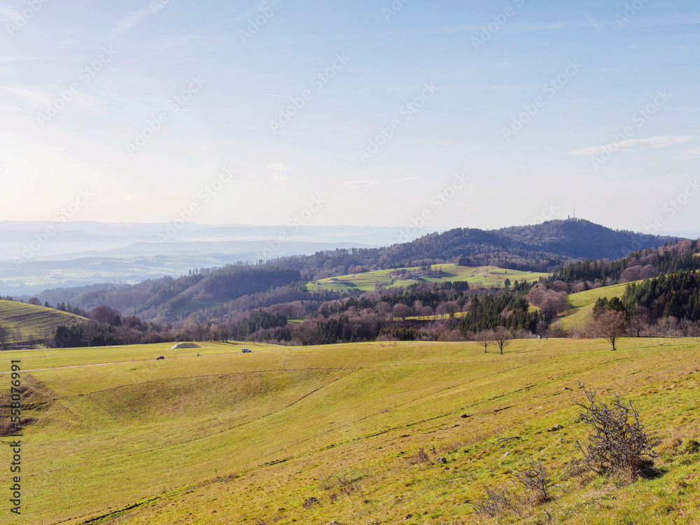 Black Forest landscape in Germany. Magnificent view to Hohe Möhr mountain and its observation tower from grassland and forest of Gersbach at foot of Rohrenkopf summit