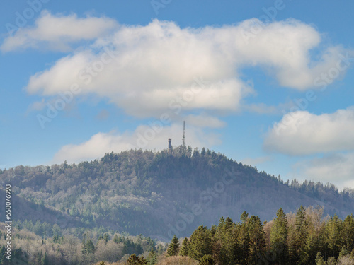 Hohe Möhr mountain in Black Forest seen from Gersbach wald. The transmitter and observation tower 