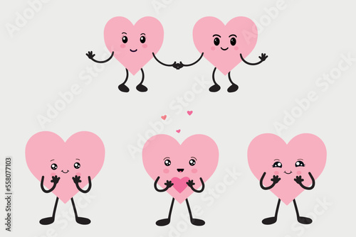Fototapeta Naklejka Na Ścianę i Meble -  Kawaii hearts, a set of cute emoji icons. Hand-drawn emotional cartoon characters. Cute love characters with different faces, funny positive emotions.