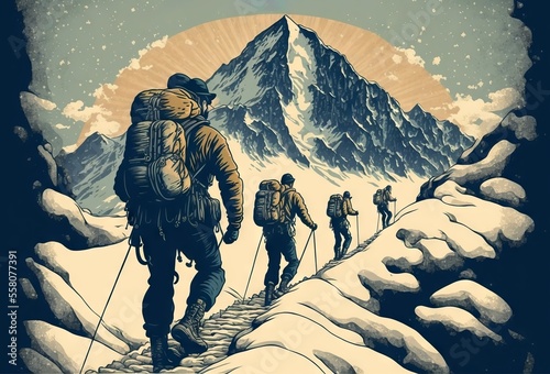 A group of mountain climbers are ascending the snow mountain photo