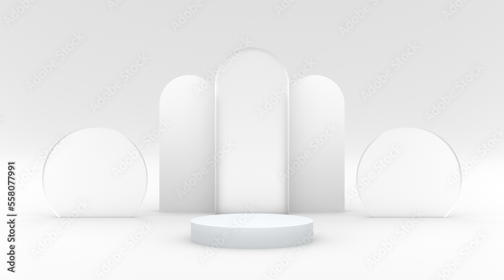 Podium gray with white background and circle glass effect 3d illustration render for your product design flyer and etc Podium gray with white background and circle glass effect 3d illustration render for your product design flyer and etc