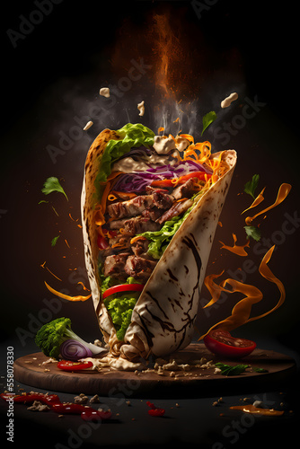 kebab wrap, product studio photo, dark black background, fresh salad tomato onion, illustration digital generative ai design art style