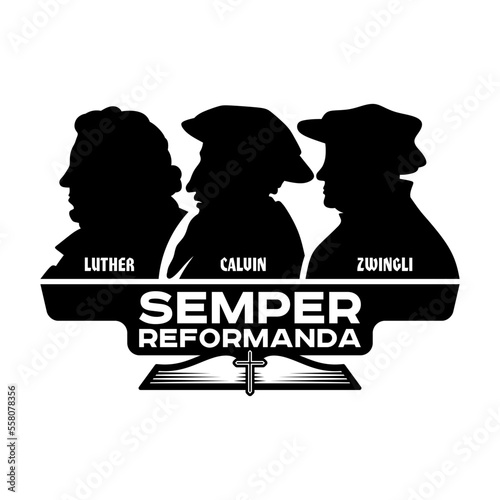 Christian Illustration. Silhouettes of the great Christian reformers. Martin Luther, John Calvin, and Ulrich Zwingli.