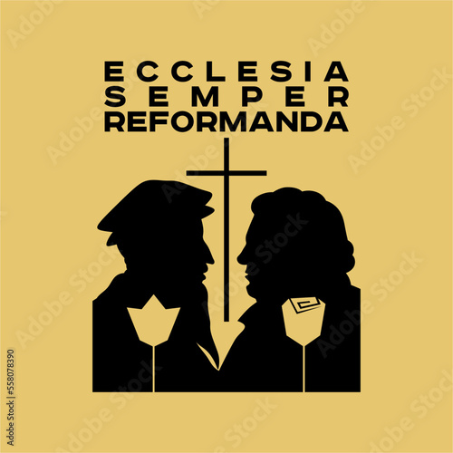 Christian Illustration. Silhouettes of the great Christian reformers. Martin Luther and John Calvin.