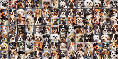 Portrait collage of adult dogs and puppies as a panorama (Generative AI) © Robert Kneschke
