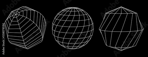 Set of spheres from a wireframe mesh on dark background. Collection of spheres for use in HUD design. Network line concept. Creative abstract geometric shapes. Vector illustration.