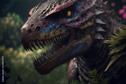 potrait close up of a futuristic robot tyrannosaurus-rex predator carnivorous dinosaur in a jungel, 3D Carnivorous reptile, Prehistoric t-rex hunter, illustration digital generative ai design art 