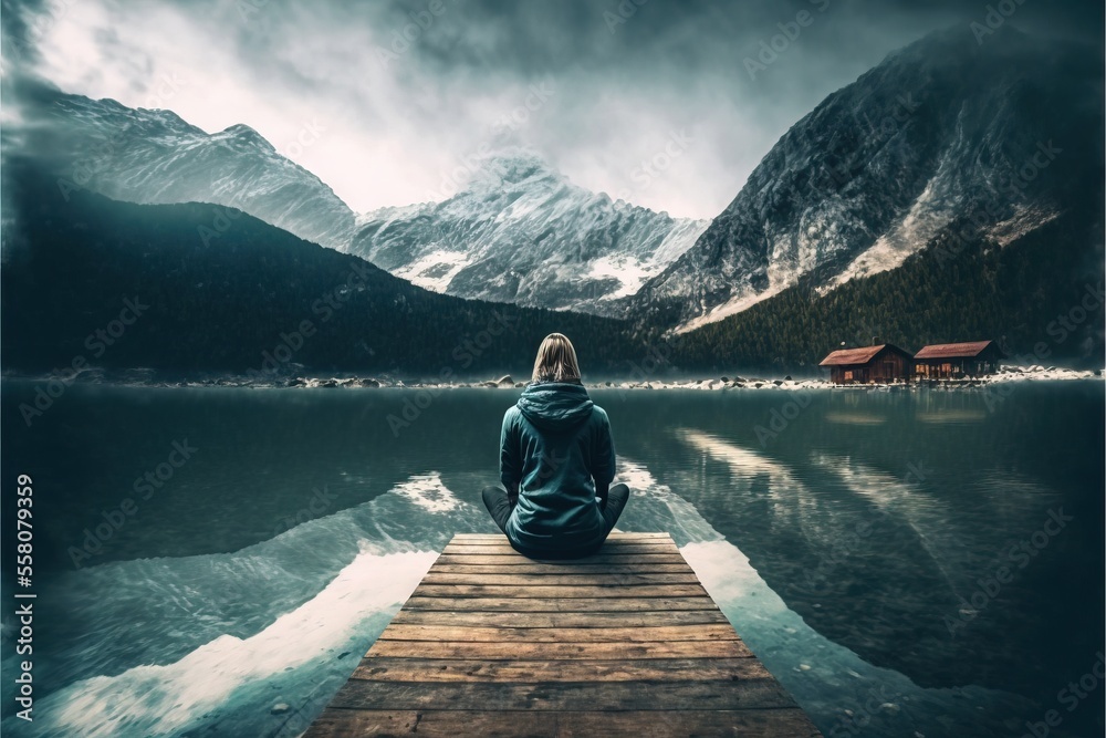 a person sitting on a dock looking out at a mountain lake and a cabin ...