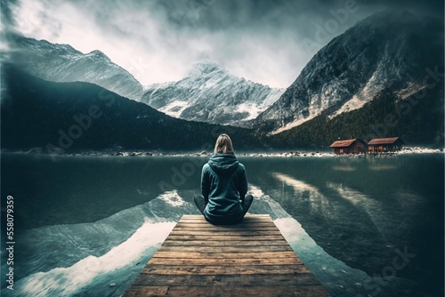 a person sitting on a dock looking out at a mountain lake and a cabin in the distance with a dark sky and clouds in the background  with a person sitting on the dock looking at the.