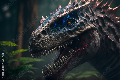 potrait close up of a tyrannosaurus-rex predator carnivorous dinosaur in a jungel  3D Carnivorous reptile  Prehistoric t-rex hunter  illustration digital generative ai design art 