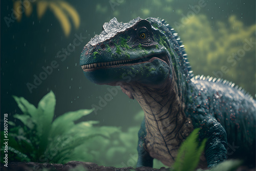 close up of a predator carnivorous dinosaur in a jungel  3D Carnivorous reptile  Prehistoric hunter  illustration digital generative ai design art style