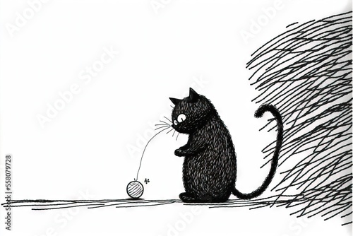 a black cat is playing with a ball of yarn on the ground and a feathered tree is in the background, and a ball of yarn is in the foreground of the foreground.