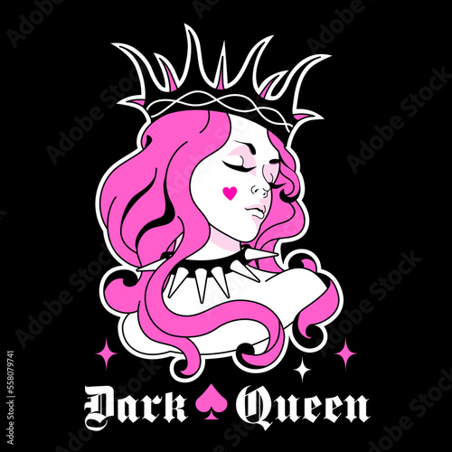 Epic Y2k goth queen with glam pink hair in black crown. Glamour sticker, trendy gothic 2000s aesthetic print. Graphic Vector icon. Mystery goddess on dark witchy print.