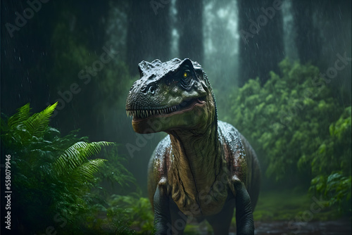 close up of a predator carnivorous dinosaur in a jungel  3D Carnivorous reptile  Prehistoric hunter  illustration digital generative ai design art style