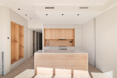 Light modular kitchen with cupboard design interior, made in white and light brown colors. Sunlight illuminates new modern kitchen set. White kitchen unit with marble top and honey oak furniture.