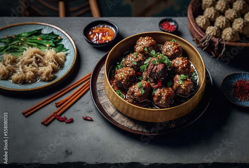 Lion's Head Meatballs - Chinese oversized pork meatballs stewed with napa cabbage. Braised Pork Ball in Brown Sauce created with Generative AI technology	