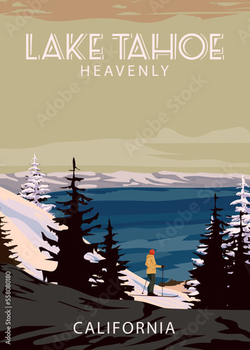 Ski Travel resort poster vintage Lake Tahoe. California USA winter landscape travel card