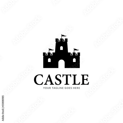 Stampa su tela simple vector line art logo of medieval castle tower in round frame