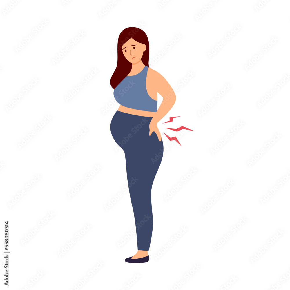 Pregnant woman having back pain symptom in flat design. Tired pregnant with low back pain. Pregnant woman having back pain symptom in flat design. Tired pregnant with low back pain.