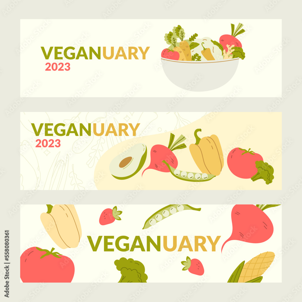 Set of vector banners on the theme - Veganuary 2023. Reduce your consumption of animal products. Changing eating habits to a vegan diet, vegan month promotional poster. Set of vector banners on the theme - Veganuary 2023. Reduce your consumption of animal products. Changing eating habits to a vegan diet, vegan month promotional poster.