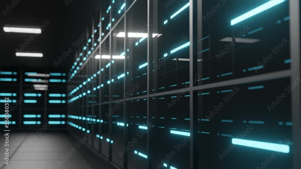 4k detail of rack servers, 3D data center animation, camera moves upwards 4k detail of rack servers, 3D data center animation, camera moves upwards