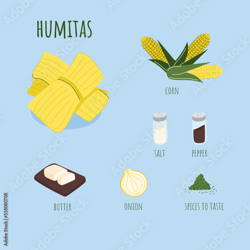 Chilean humita corn wrap ingredients. Latin american traditional food. Fresh corn paste with onion and sipces wrapped in fresh corn husks and steamed.