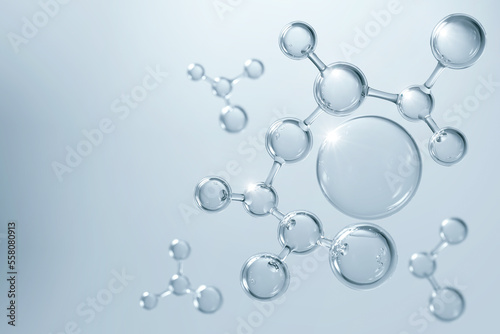 Cosmetic Essence, Liquid bubble, Molecule inside Liquid Bubble on DNA water splash background, 3d rendering