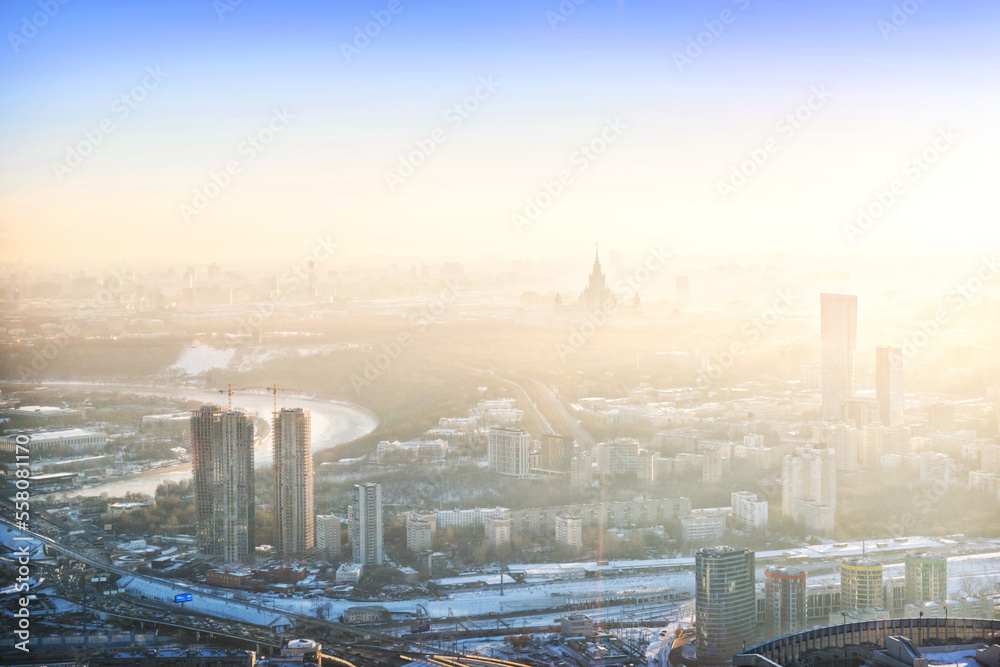 Obraz premium View of the city from the observation deck and Moscow State University in the haze, Moscow City