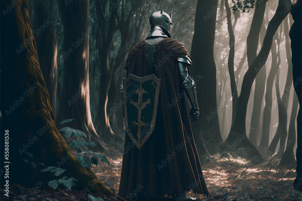 A knight with a broken shield and torn cape standing in a forest, cinematic lighting, illustration digital generative ai design art style