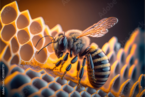 Billede på lærred close up of a bee on honeycomb with honey, realistic, dark background, studio,