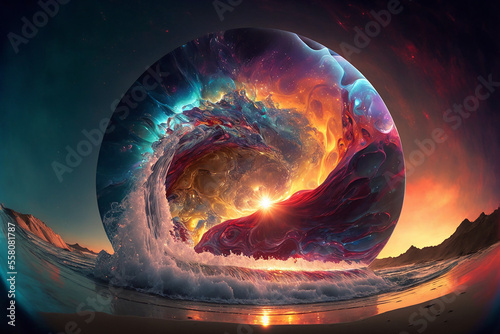 wallpaper background, a glorious galaxy rise from the surface of an ocean planet, abstract graphic design photo