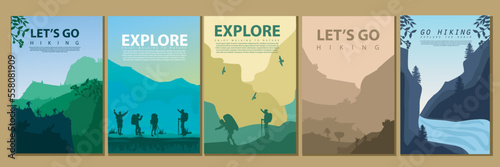 Vector brochure cards set. Travel concept of discovering, exploring and observing nature. Hiking. Adventure tourism. Flat design template of flyer, magazine, book cover, banner, invitation, poster.