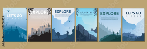 Vector brochure cards set. Travel concept of discovering, exploring and observing nature. Hiking. Adventure tourism. Flat design template of flyer, magazine, book cover, banner, invitation, poster.