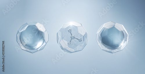Cosmetic moisturizing liquid Bubble with Molecule, Toner or lotion 3d illustration. photo