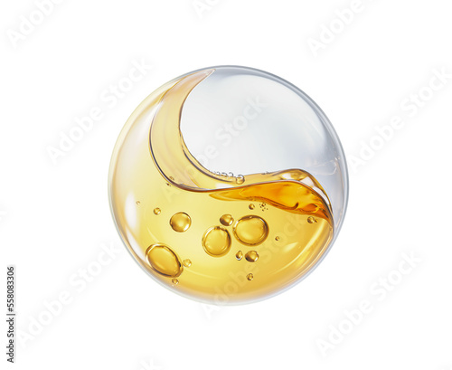 Oil Liquid Splashing in Sphere Bubble, Liquid splash ball, cosmetic serum oil, 3d rendering. photo