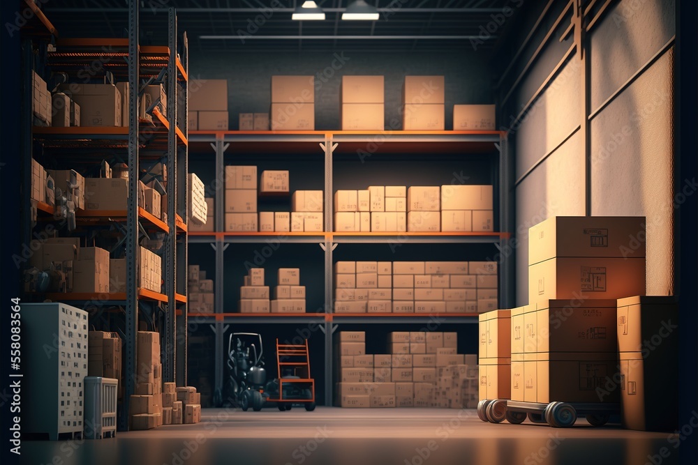Warehouse storage shelves with stacked boxes. Gnerative ai Stock