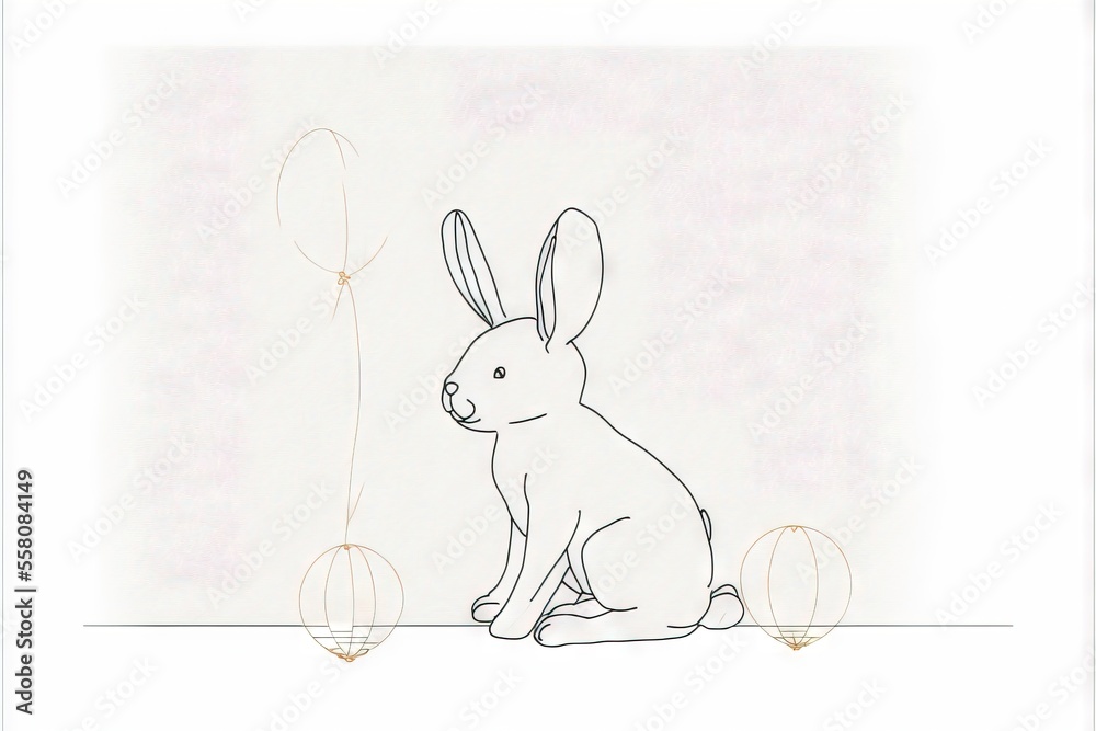 a drawing of a rabbit sitting on the ground with a balloon in the air and a string attached to the back of the rabbit's head, with a string attached to the tail. a drawing of a rabbit sitting on the ground with a balloon in the air and a string attached to the back of the rabbit's head, with a string attached to the tail.