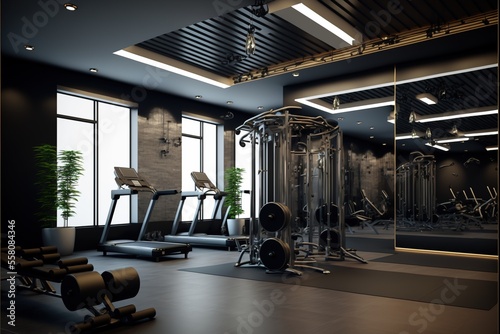 Contemporary spotless fitness gym center interior. generative ai