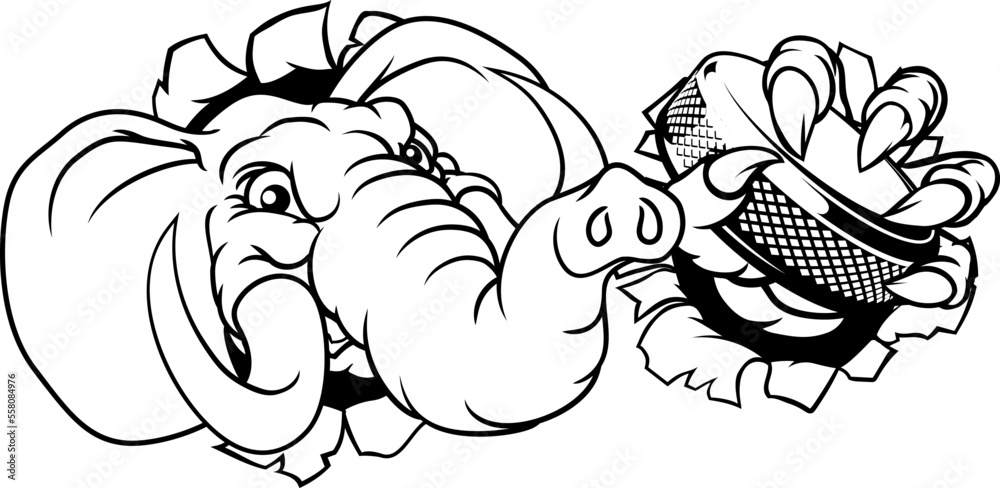 An elephant ice hockey player animal sports mascot holding a puck