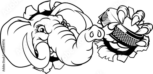 An elephant ice hockey player animal sports mascot holding a puck