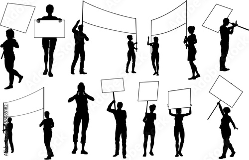 Protestors or demonstrators men and women. At a demonstration march, picketing line or strike protest rally in silhouette. Holding banners, picket signs and megaphone or mega phone.