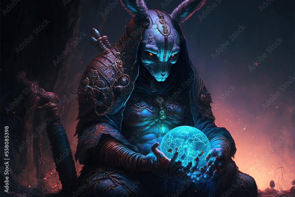 Illustrative vector graphics of rabbit holding a glowing globe. generative ai Illustrative vector graphics of rabbit holding a glowing globe. generative ai