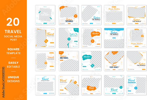 20 Travel Social media bundle collection, Brush effect adventure social media layout set, business square social media template 