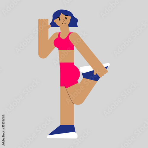 Quad stretch standing pose. Flat sporty woman in neon sportwear doing hip stretching exercise for cool down after training. Balance workout and flexing relaxation practice.
