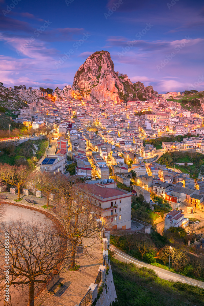 Caltabellotta, Sicily, Italy. Aerial cityscape image if historic town Caltabellotta in Sicily at dramatic sunset.