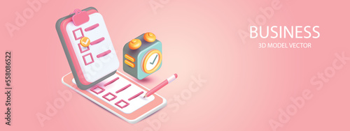 3d alarm clock icon for succress and clipboard with checklist and pencil on pink background ,time watch minimal for manage concept of time