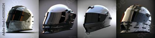 Motorcross motorsports high speed helmet design renders with gradient background and unique modern futuristic racing visor concepts