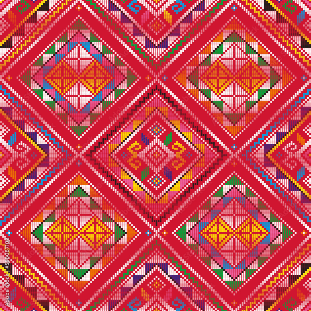 Yakan cloth inspired vector seamless pattern, traditional folk art textile or fabric print design from Philippines with various colors and geometric shapes
